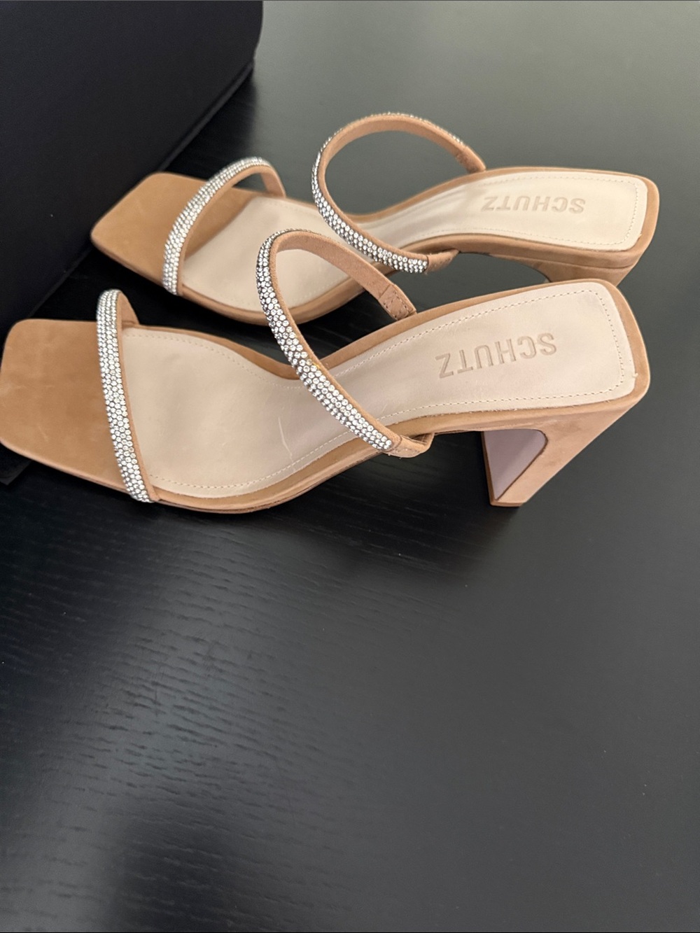 NEW SCHUTZ Tan Rhinestone Double-Strap Block Heel Mule - Picture 5 of 9